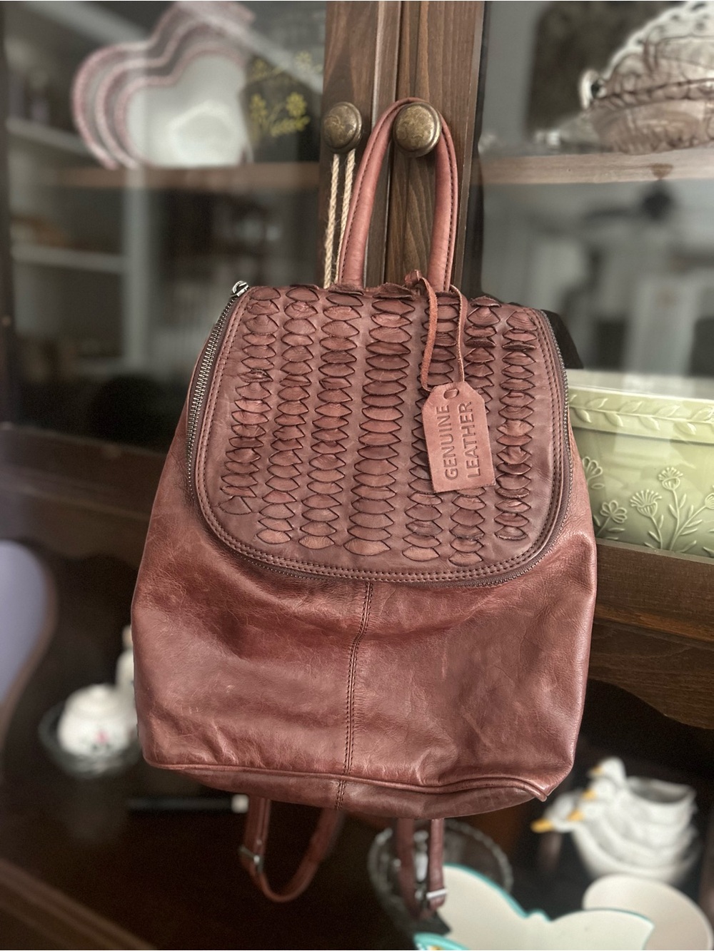 Genuine Leather Women’s Woven Detail Backpack